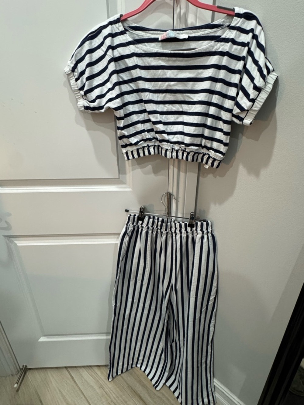 Striped White & Navy Two-Piece Women's Swim Coverup Set